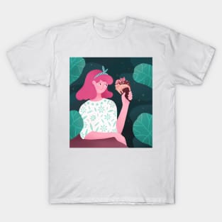 Cute girl with ice cream plants and cats, version 4 T-Shirt